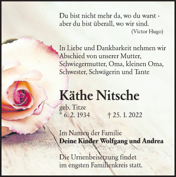 Traueranzeige von Käthe Nitsche von lausitzer_rundschau