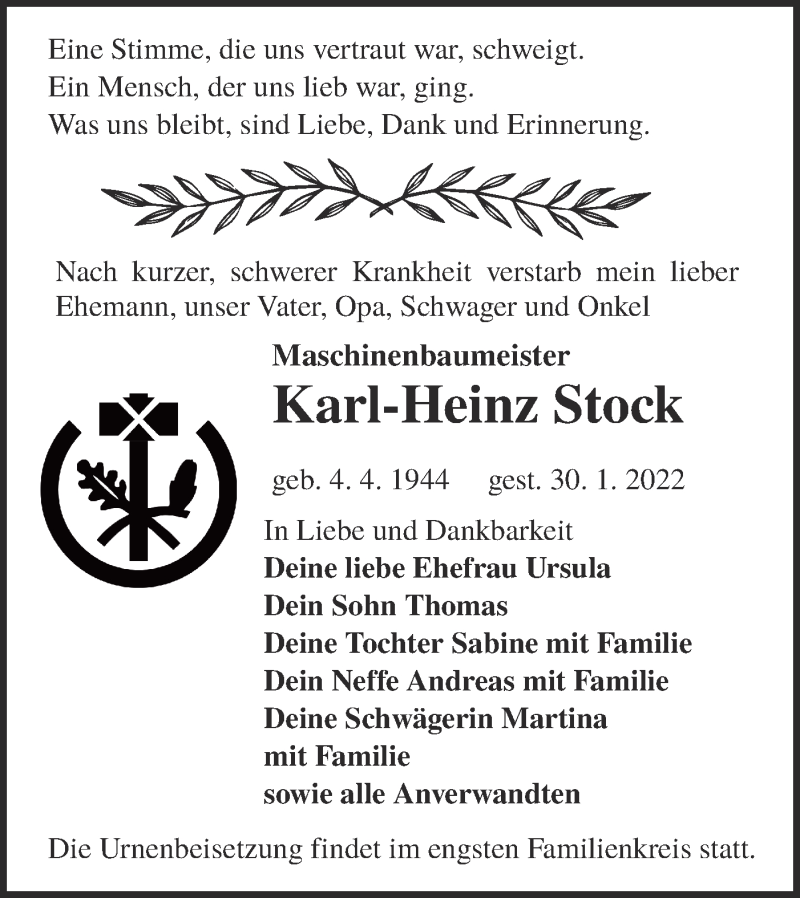  Traueranzeige für Karl-Heinz Stock vom 05.02.2022 aus lausitzer_rundschau
