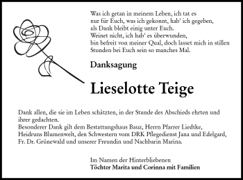 Traueranzeige von Lieselotte Teige von lausitzer_rundschau