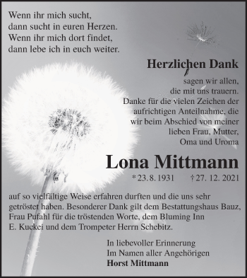 Traueranzeige von Lona Mittmann von lausitzer_rundschau