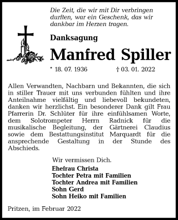 Traueranzeige von Manfred Spiller von lausitzer_rundschau