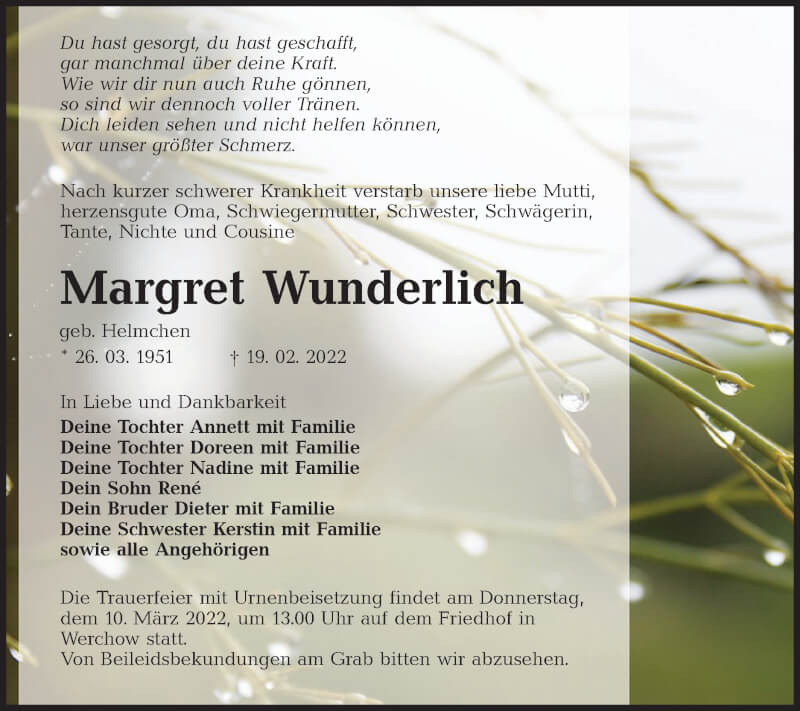  Traueranzeige für Margret Wunderlich vom 26.02.2022 aus lausitzer_rundschau