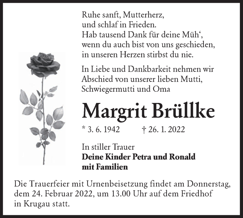  Traueranzeige für Margrit Brüllke vom 12.02.2022 aus lausitzer_rundschau