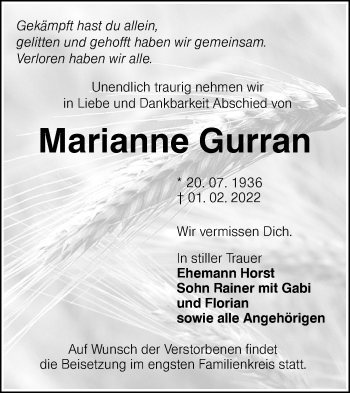 Traueranzeige von Marianne Gurran von lausitzer_rundschau