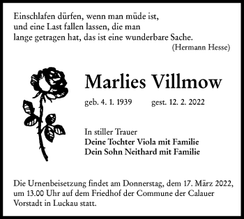 Traueranzeige von Marlies Villmow von lausitzer_rundschau