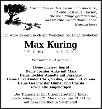 Traueranzeige von Max Kuring von lausitzer_rundschau