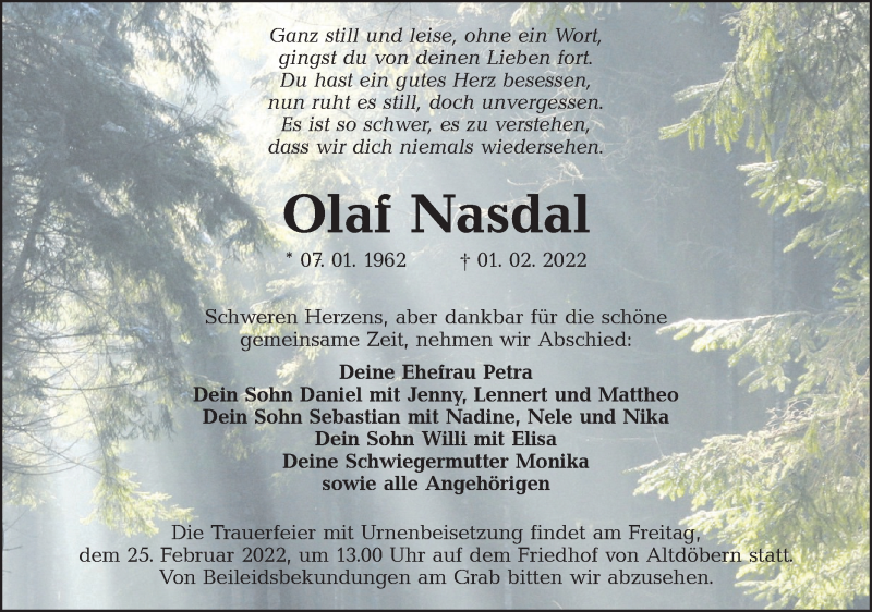  Traueranzeige für Olaf Nasdal vom 12.02.2022 aus lausitzer_rundschau