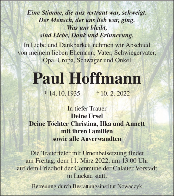 Traueranzeige von Paul Hoffmann von lausitzer_rundschau