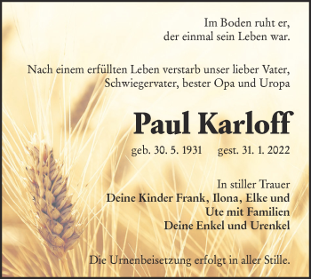 Traueranzeige von Paul Karloff von lausitzer_rundschau