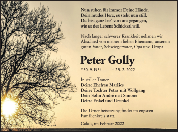 Traueranzeige von Peter Golly von lausitzer_rundschau