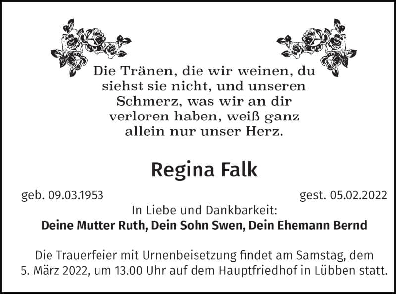  Traueranzeige für Regina Falk vom 26.02.2022 aus lausitzer_rundschau