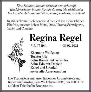 Traueranzeige von Regina Regel von lausitzer_rundschau