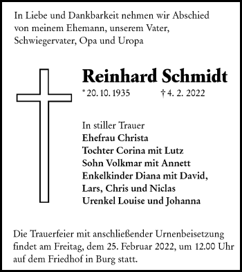 Traueranzeige von Reinhard Schmidt von lausitzer_rundschau