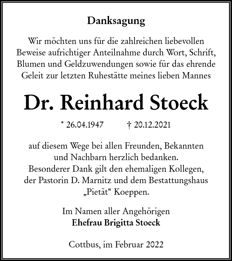  Traueranzeige für Reinhard Stoeck vom 05.02.2022 aus lausitzer_rundschau