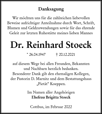 Traueranzeige von Reinhard Stoeck von lausitzer_rundschau