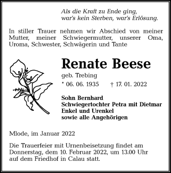 Traueranzeige von Renate Beese von lausitzer_rundschau