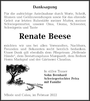 Traueranzeige von Renate Beese von lausitzer_rundschau