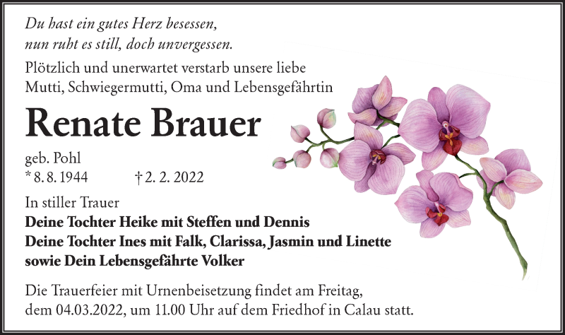  Traueranzeige für Renate Brauer vom 12.02.2022 aus lausitzer_rundschau
