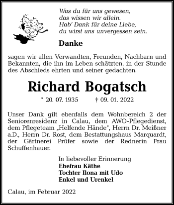 Traueranzeige von Richard Bogatsch von lausitzer_rundschau