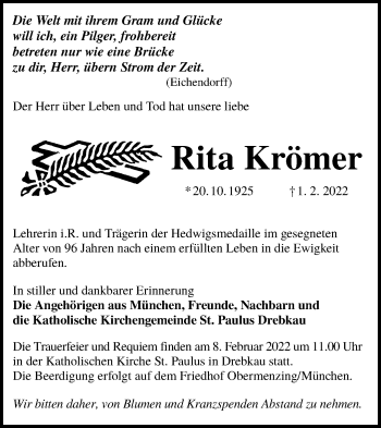 Traueranzeige von Rita Krömer von lausitzer_rundschau