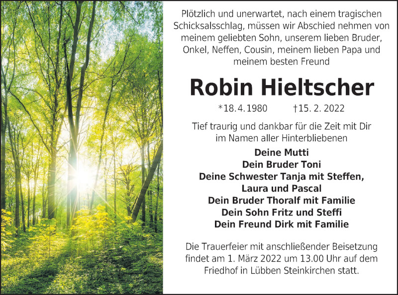  Traueranzeige für Robin Hieltscher vom 26.02.2022 aus lausitzer_rundschau