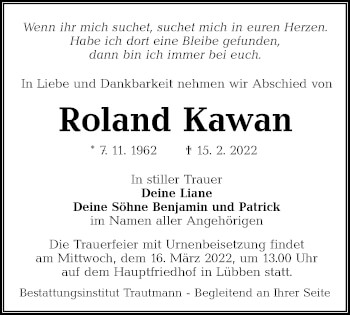 Traueranzeige von Roland Kawan von lausitzer_rundschau