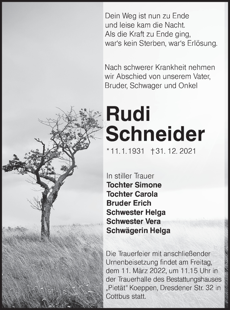  Traueranzeige für Rudi Schneider vom 12.02.2022 aus lausitzer_rundschau
