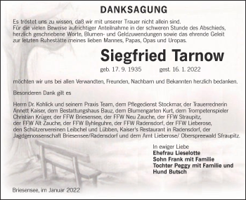 Traueranzeige von Siegfried Tarnow von lausitzer_rundschau