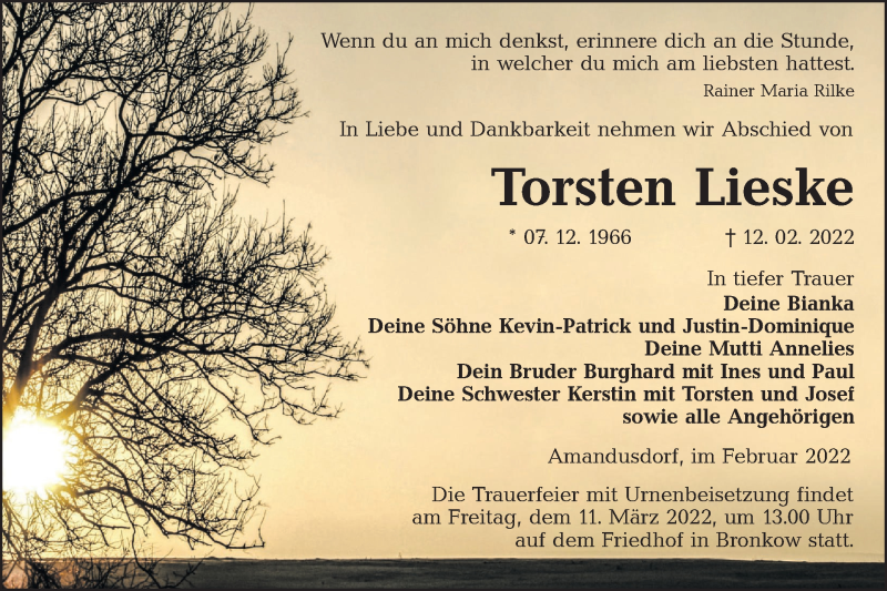  Traueranzeige für Torsten Lieske vom 19.02.2022 aus lausitzer_rundschau