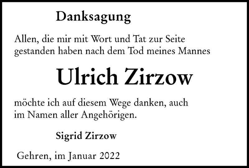  Traueranzeige für Ulrich Zirzow vom 05.02.2022 aus lausitzer_rundschau