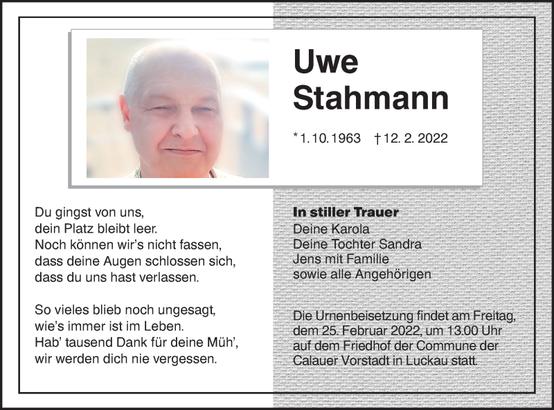  Traueranzeige für Uwe Stahmann vom 19.02.2022 aus lausitzer_rundschau
