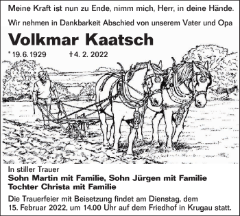 Traueranzeige von Volkmar Kaatsch von lausitzer_rundschau