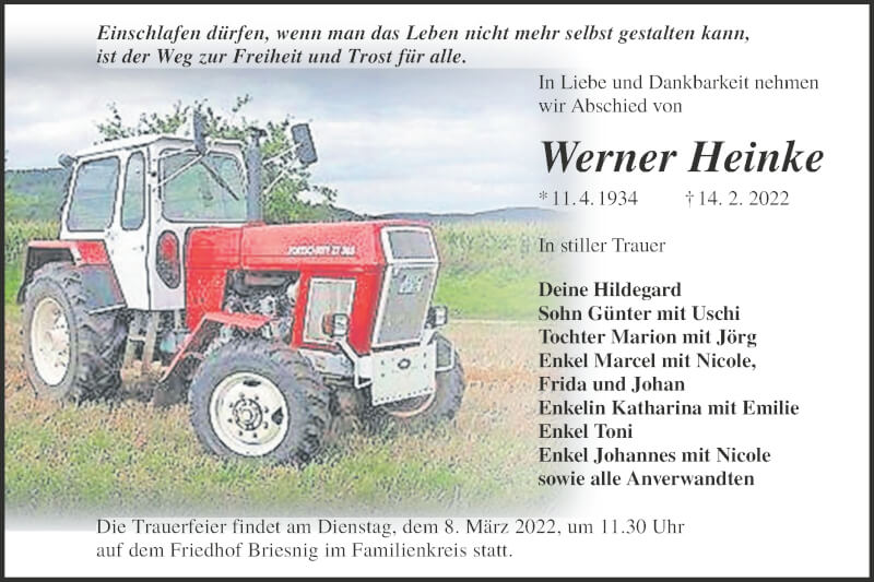  Traueranzeige für Werner Heinke vom 26.02.2022 aus lausitzer_rundschau