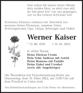 Traueranzeige von Werner Kaiser von lausitzer_rundschau