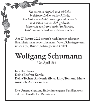 Traueranzeige von Wolfgang Schumann von lausitzer_rundschau