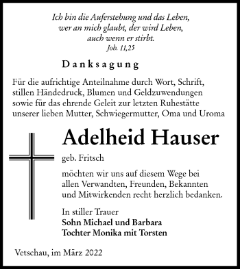 Traueranzeige von Adelheid Hauser von lausitzer_rundschau