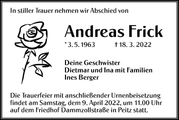 Traueranzeige von Andreas Frick von lausitzer_rundschau