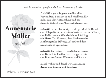 Traueranzeige von Annemarie Müller von lausitzer_rundschau