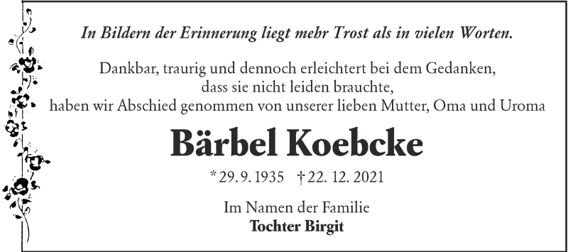  Traueranzeige für Bärbel Koebcke vom 12.03.2022 aus lausitzer_rundschau