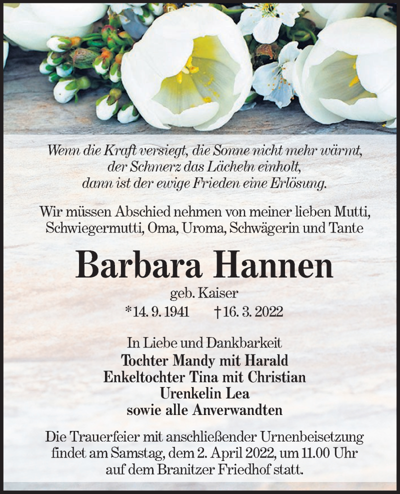 Traueranzeige für Barbara Hannen vom 26.03.2022 aus lausitzer_rundschau