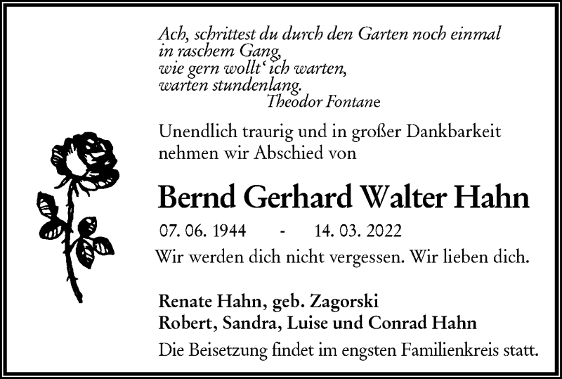  Traueranzeige für Bernd Gerhard Walter Hahn vom 19.03.2022 aus lausitzer_rundschau