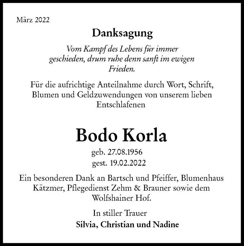  Traueranzeige für Bodo Korla vom 26.03.2022 aus lausitzer_rundschau