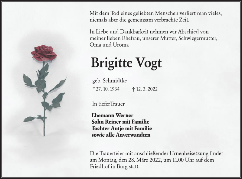 Traueranzeige für Brigitte Vogt vom 19.03.2022 aus lausitzer_rundschau
