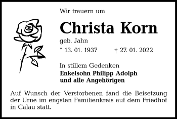 Traueranzeige von Christa Korn von lausitzer_rundschau