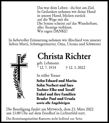 Traueranzeige von Christa Richter von lausitzer_rundschau