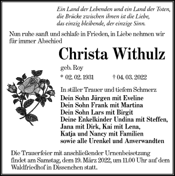 Traueranzeige von Christa Withulz von lausitzer_rundschau