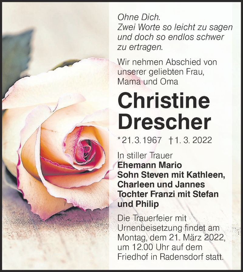 Traueranzeige für Christine Drescher vom 12.03.2022 aus lausitzer_rundschau