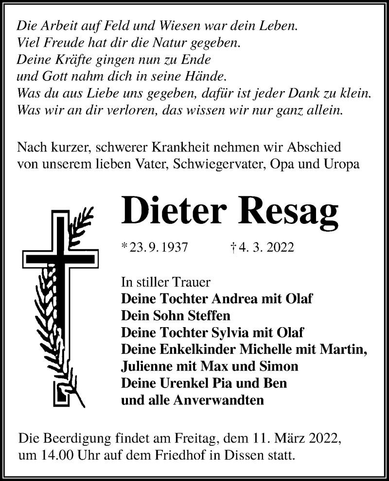 Traueranzeige für Dieter Resag vom 09.03.2022 aus lausitzer_rundschau