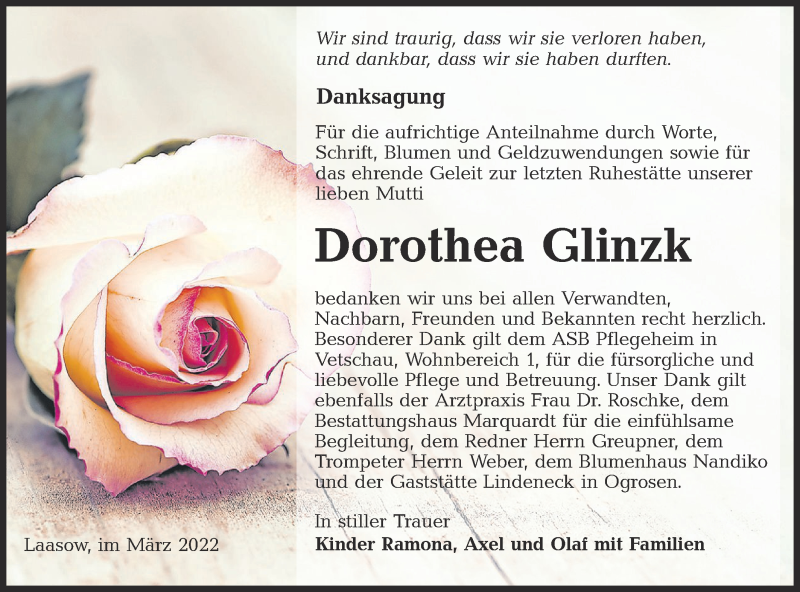  Traueranzeige für Dorothea Glinzk vom 12.03.2022 aus lausitzer_rundschau