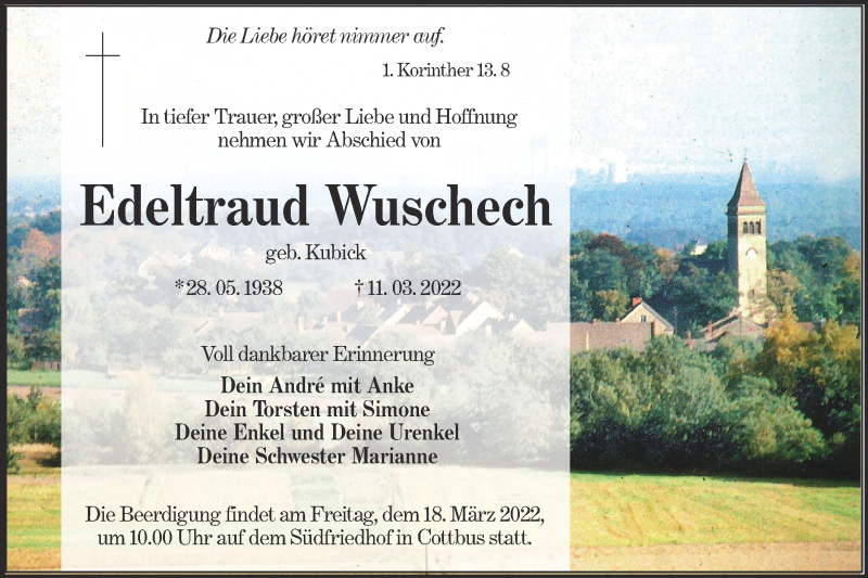  Traueranzeige für Edeltraud Wuschech vom 16.03.2022 aus lausitzer_rundschau